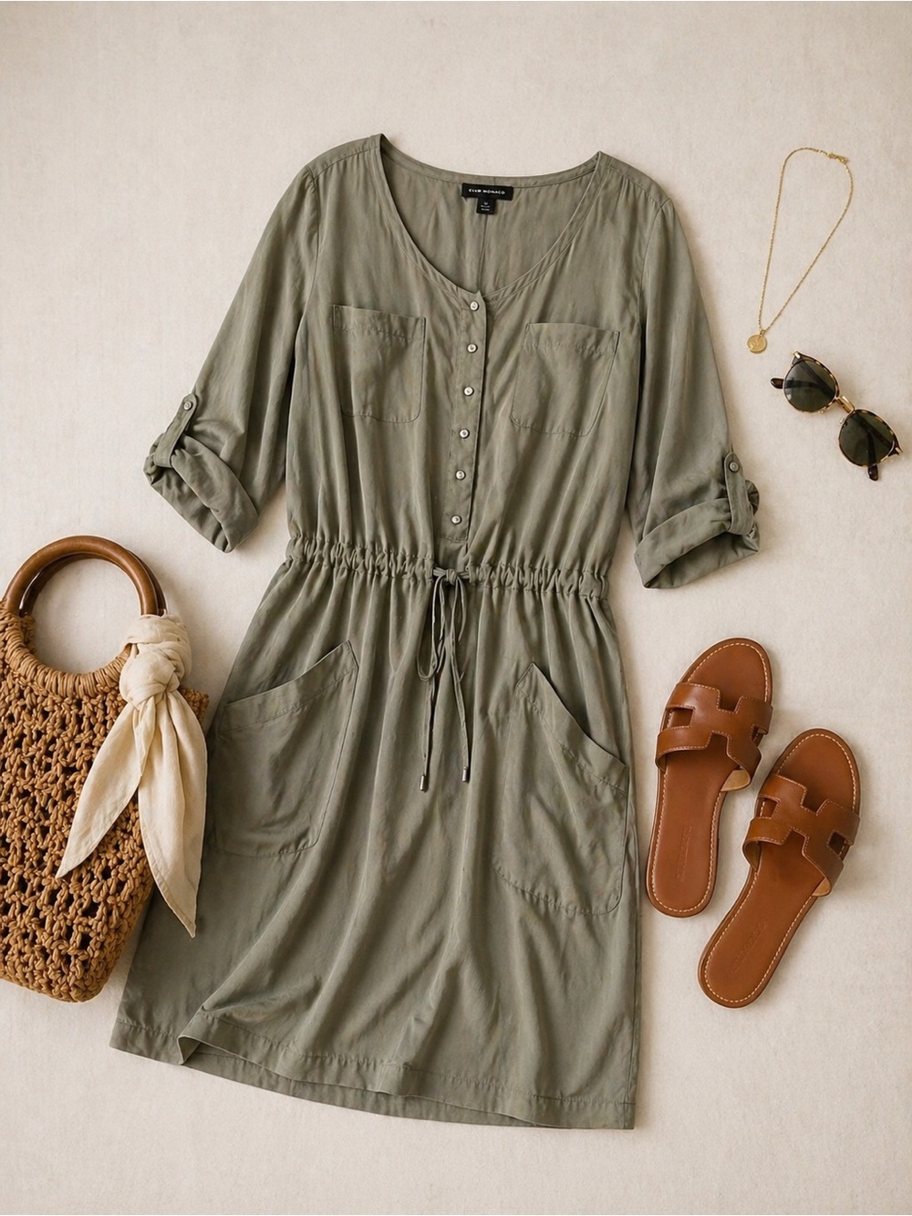 Club Monaco Olive Green Mini Shirt Dress - Picture 2 of 14